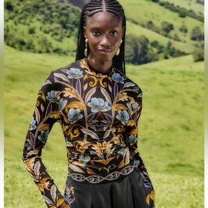 Farm Rio NWT Black Flowerful Garden Jersey Blouse Black Size S